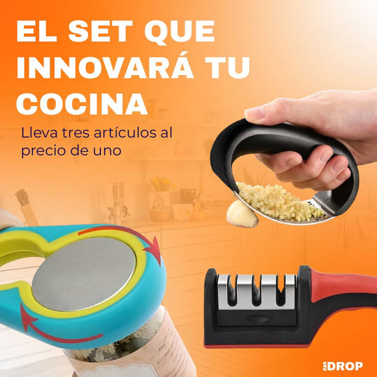 Kit de cocina esencial (1 afilador de cuchillos, 1 destapa frascos y 1 machaca ajo)